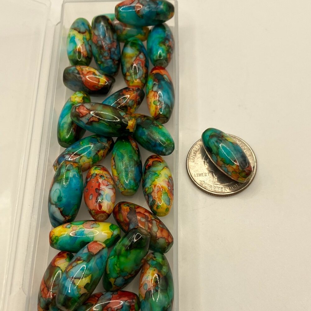 Beads 25 Oblong Glass Beads Hand Painted Colorful for making jewelry NEW